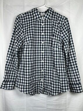 J Crew Factory Long Sleeve Gingham Button Up Blouse PETITE Medium Navy Blue